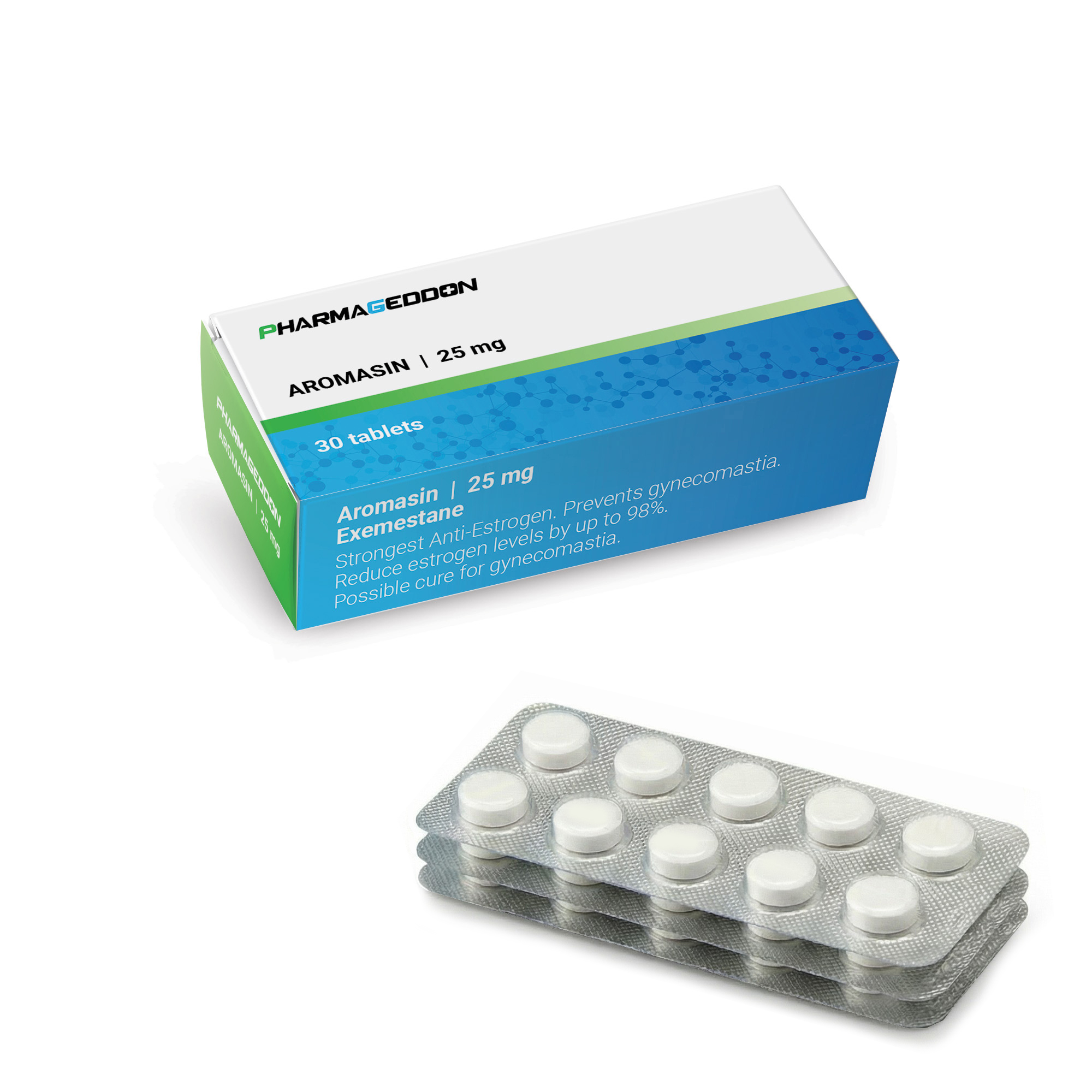 קופסת תרופות מניעת תופעות לוואי הורמונים בצבעי כחול-ירוק עם מספר חפיסות כדורים לבנים.