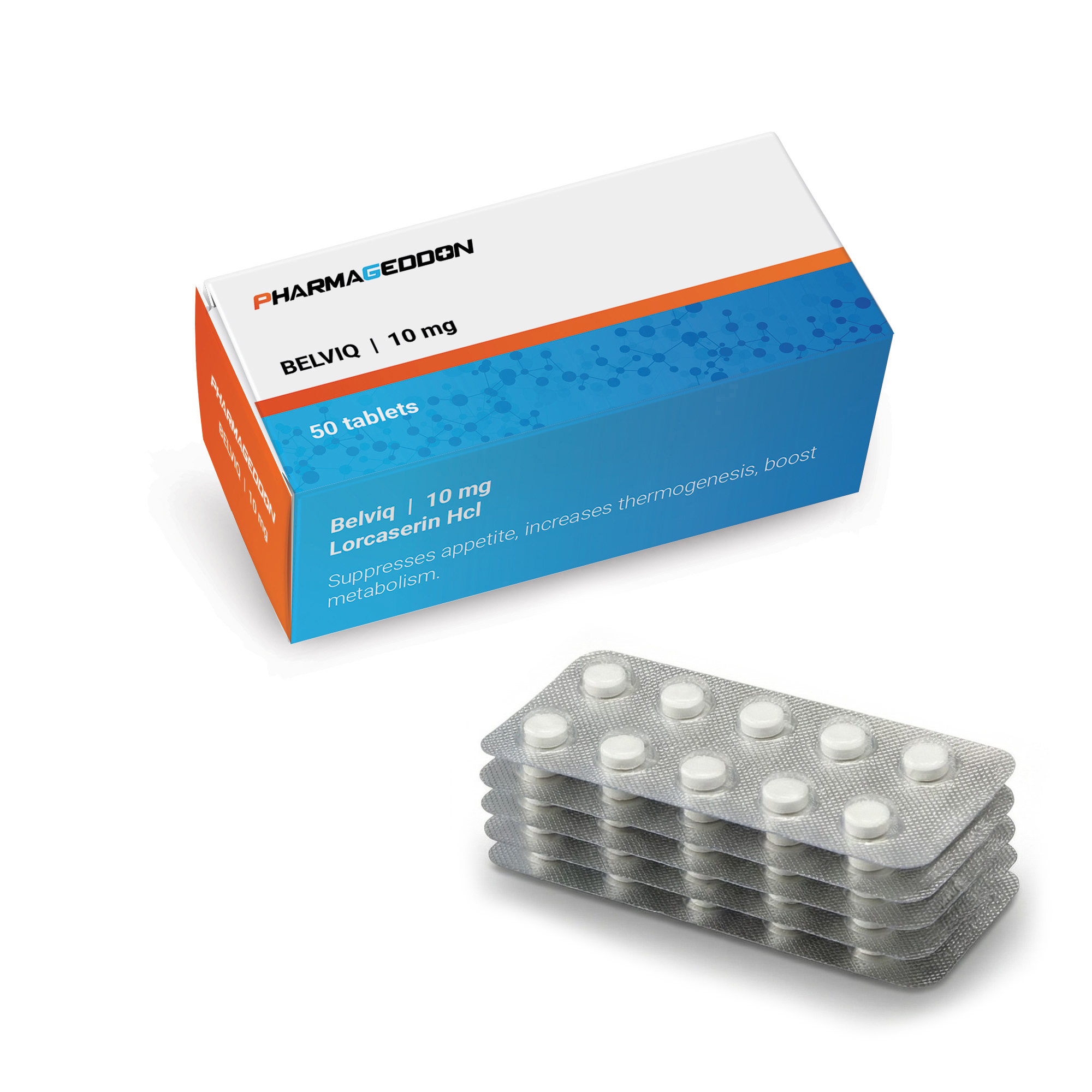 קופסת תרופות בהירה וכסופה של פרמגדון, מכילה 50 טבליות בלוויק 10 מ"ג.