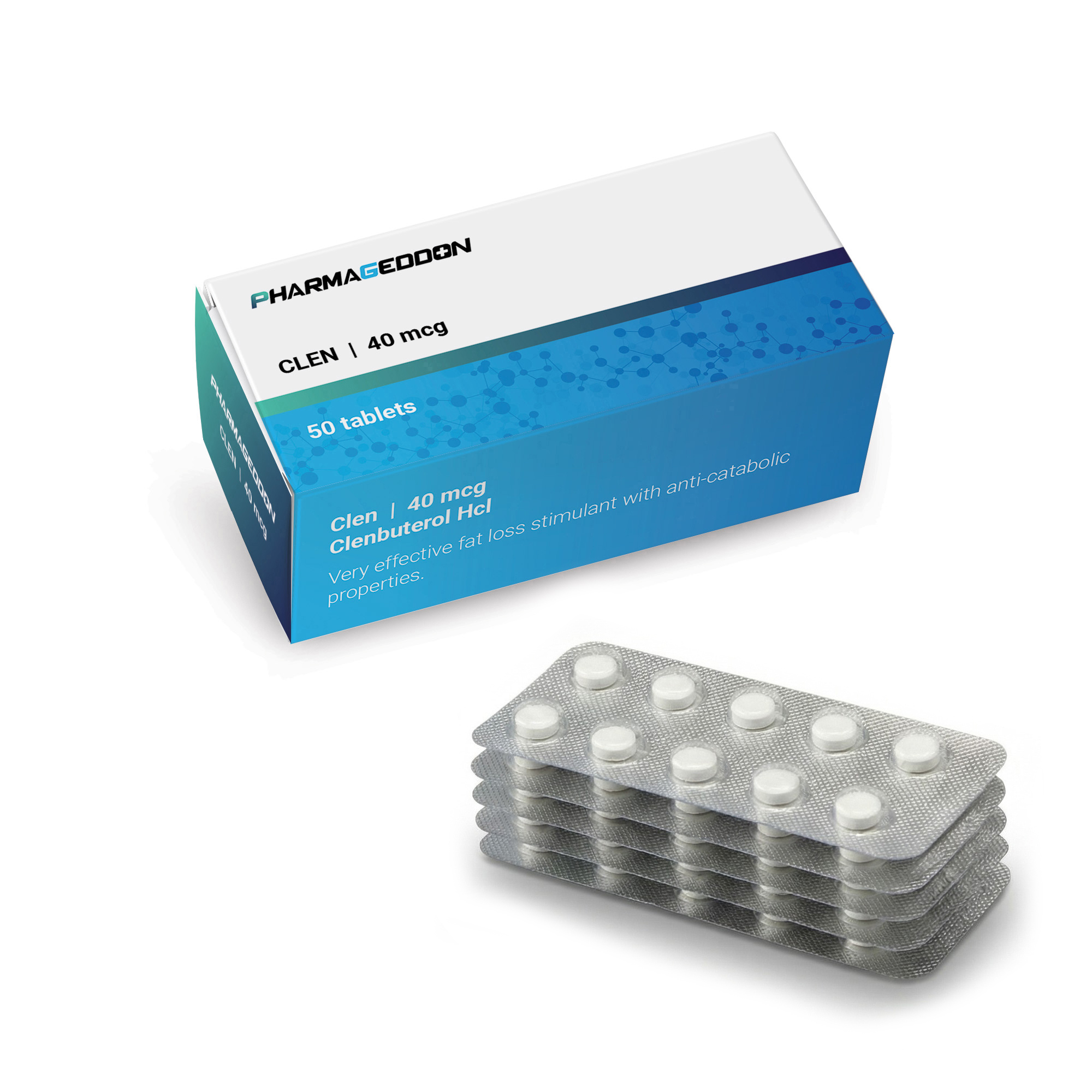 קופסת תרופות קלנבוטרול שורף שומן בצבעי כחול-ירוק עם מספר חפיסות כדורים לבנים.