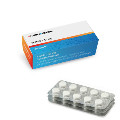 קופסת תרופות קלומיד לטיפול בהורמונים, עם אריזה וטבליות כסופות