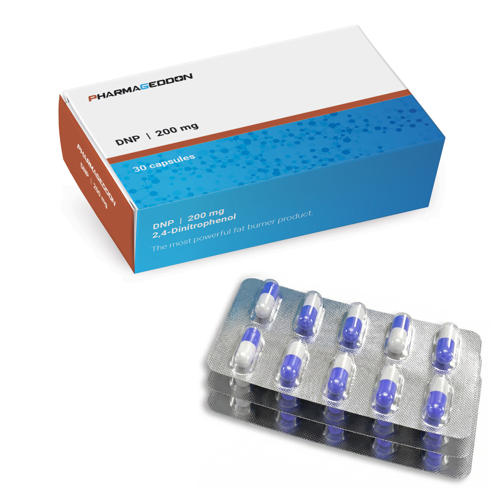 אריזת תרופה כחולה-לבנה של DNP, 200 מ"ג, עם קפסולות בצבעי כחול-לבן.