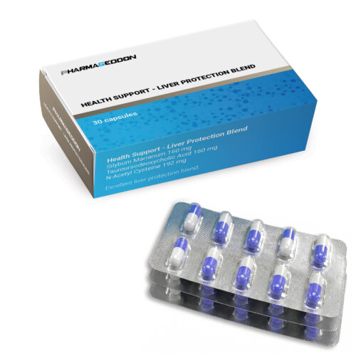 קופסת תרופות כחול-לבנה של פארמגדון לתמיכה בבריאות הכבד