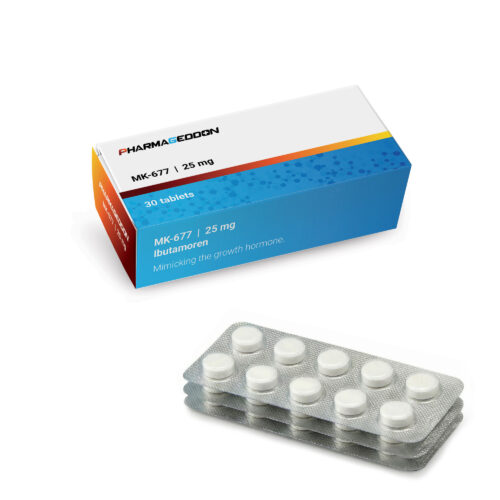 קופסת תרופות לבנה-כחולה של MK-677 עם שלושה מארזי טבליות כסופים