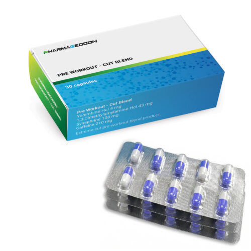 קופסת קפסולות כחולה-לבנה של תוסף קדם אימון מבית פרמגדון
