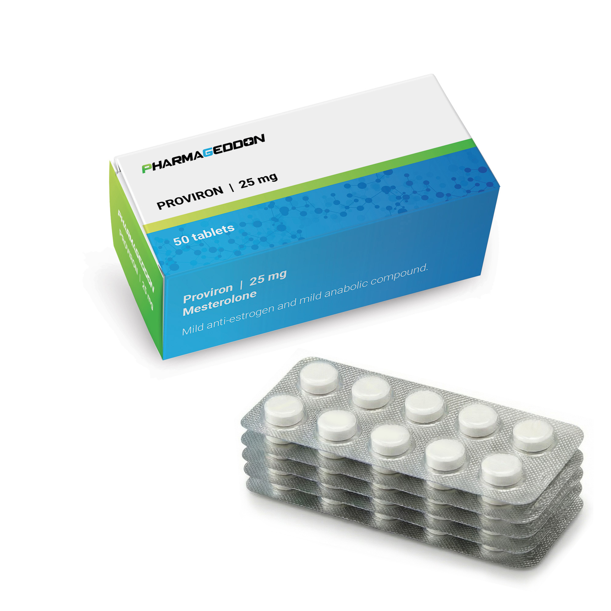 קופסת תרופות פרובירון בגוון כחול-ירוק, עם חפיסת טבליות לבנות מסביב.