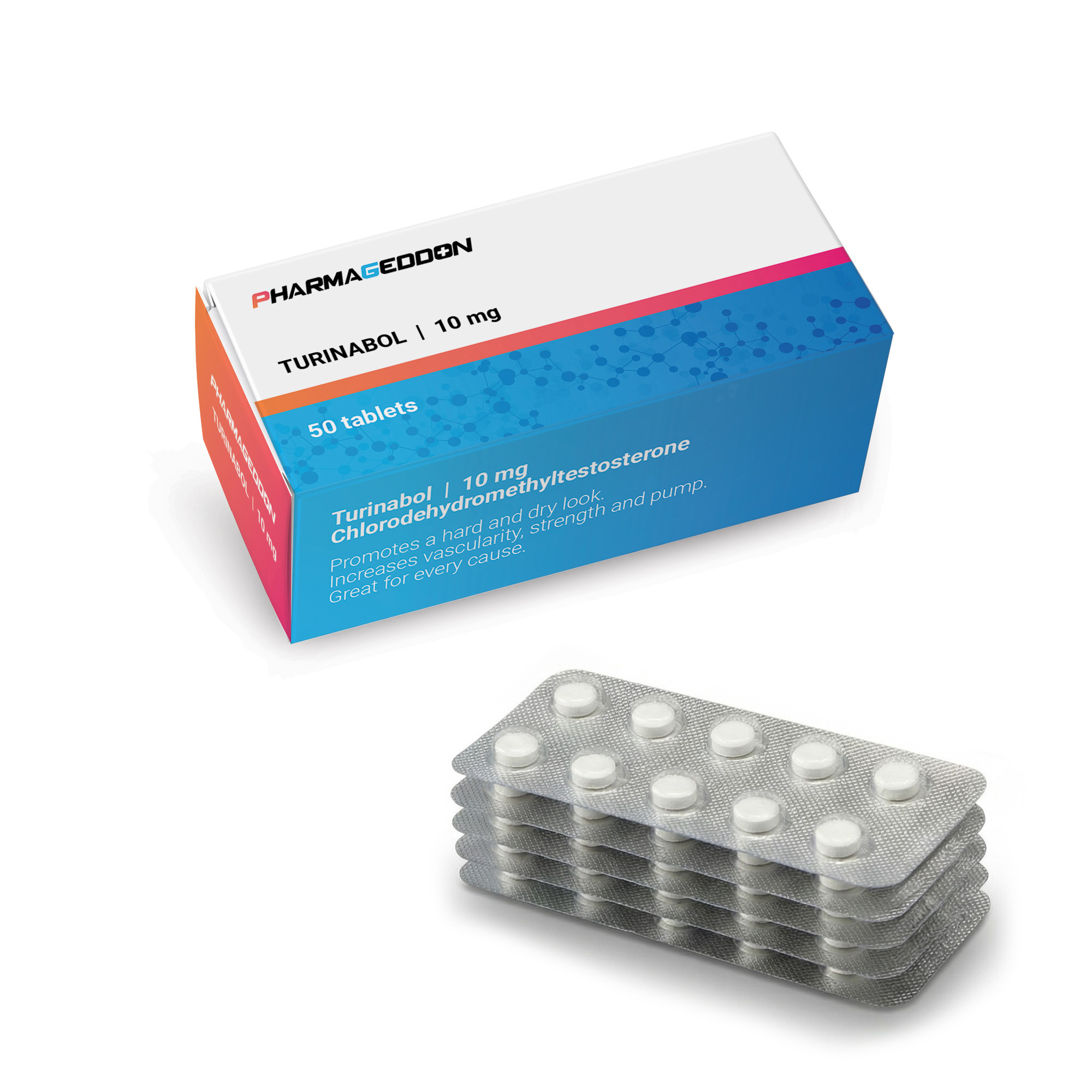 אריזת תרופה של טורינבול, 50 טבליות בגודל 10 מ"ג בצבעי כחול, אדום ולבן.