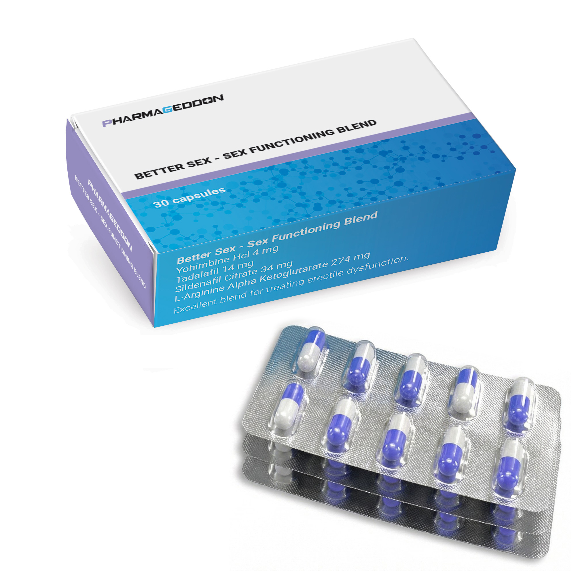 קופסת תרופות כחולה-לבנה של פארמאגדון לטיפול בבעיות זיקפה