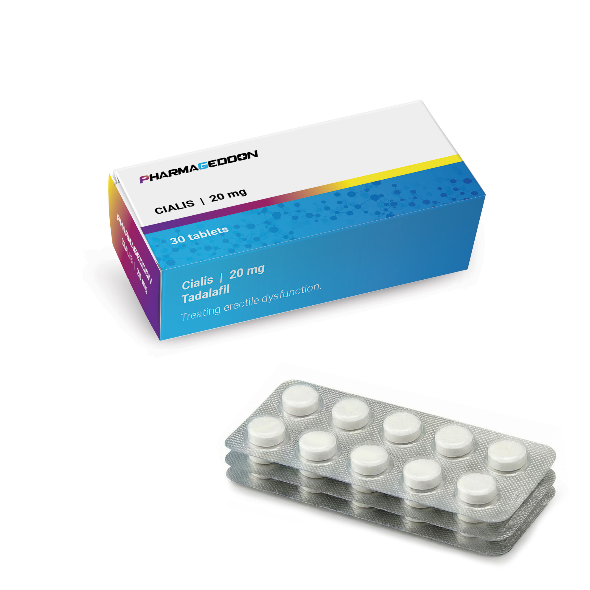 קופסת תרופות כחולה-סגולה של Cialis עם אריזת טבליות 20 מ"ג