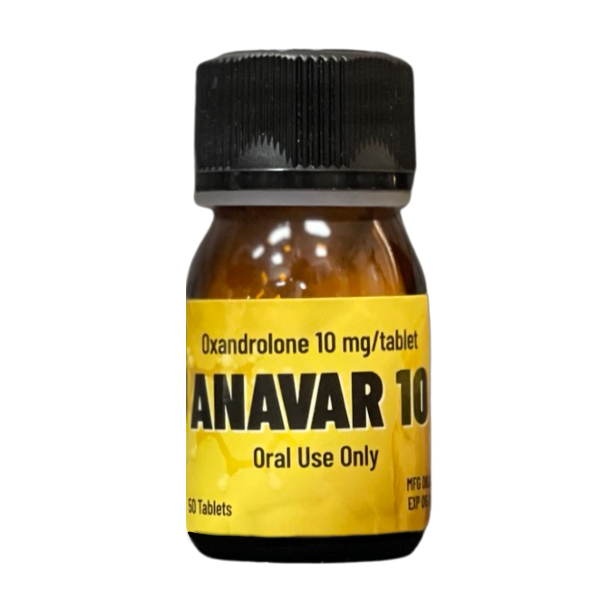 בקבוק צהוב של תרופת אנאבר 10 מג, מכיל 50 טבליות לשימוש פומי בלבד.