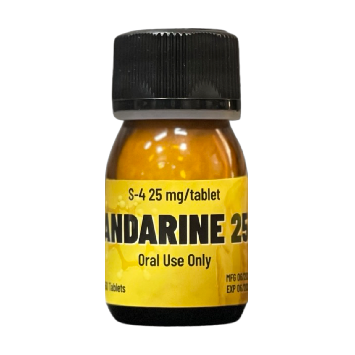 בקבוק כדורים צהוב וכהה עם תווית "Andarine 25" למטרה פומית בלבד.