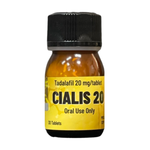 בקבוק כדורים צהוב-שחור של סיאליס 20 מ"ג לשימוש דרך הפה