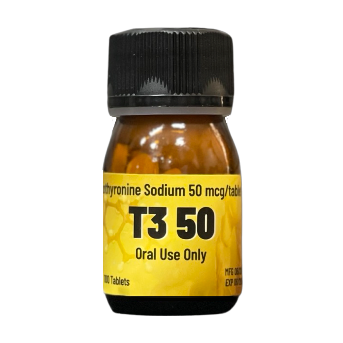 בקבוק כדורים צהוב-שחור של תרופת T3 לשימוש פומי