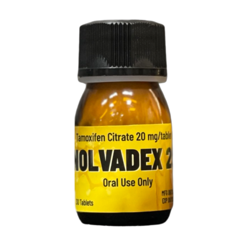 בקבוק צהוב ושחור של תרופת טמוקסיפן, מכיל 30 טבליות למתן דרך הפה.