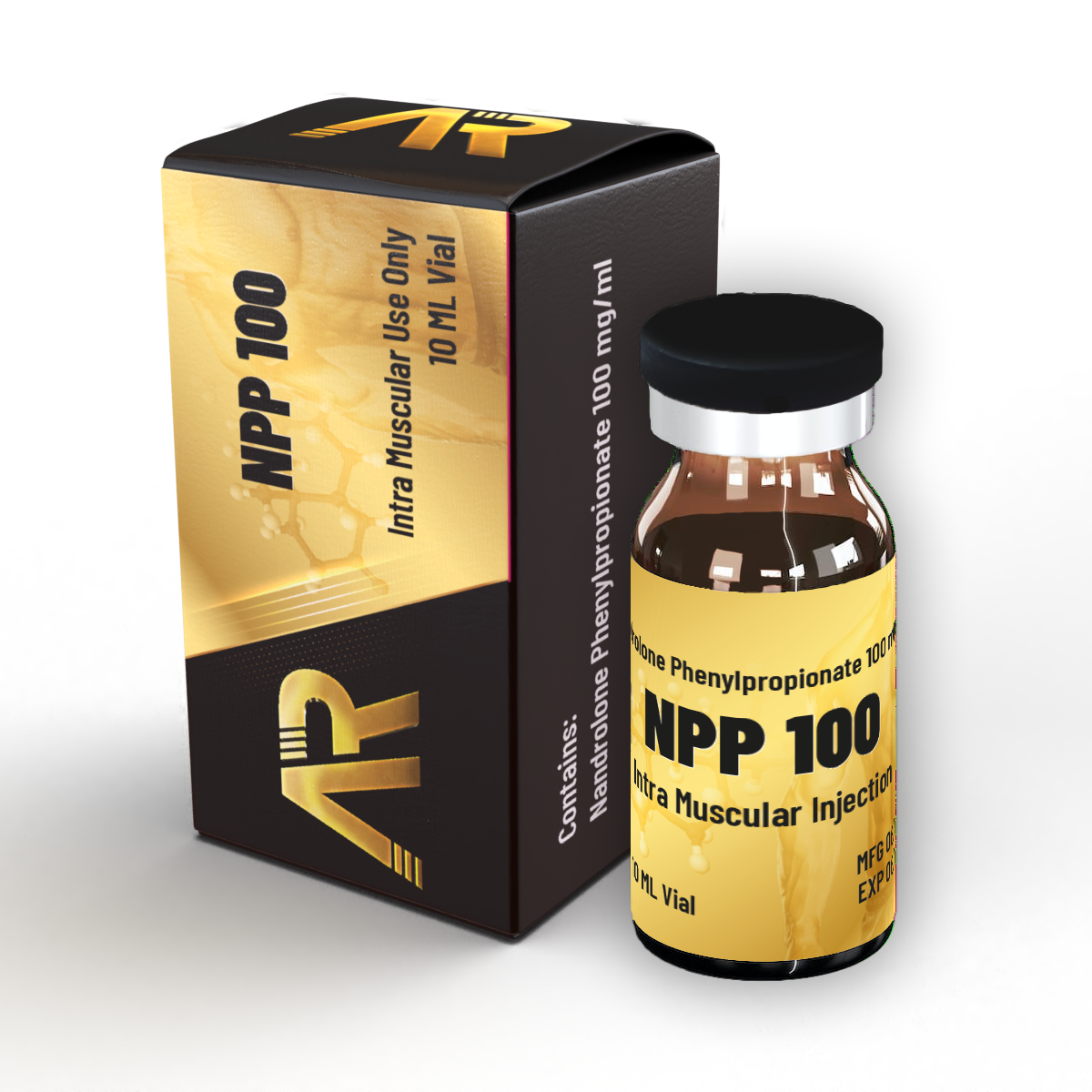 אריזת תכשיר רפואי NPP 100 עם בקבוקון זכוכית וקופסה בגוונים שחור וצהוב.