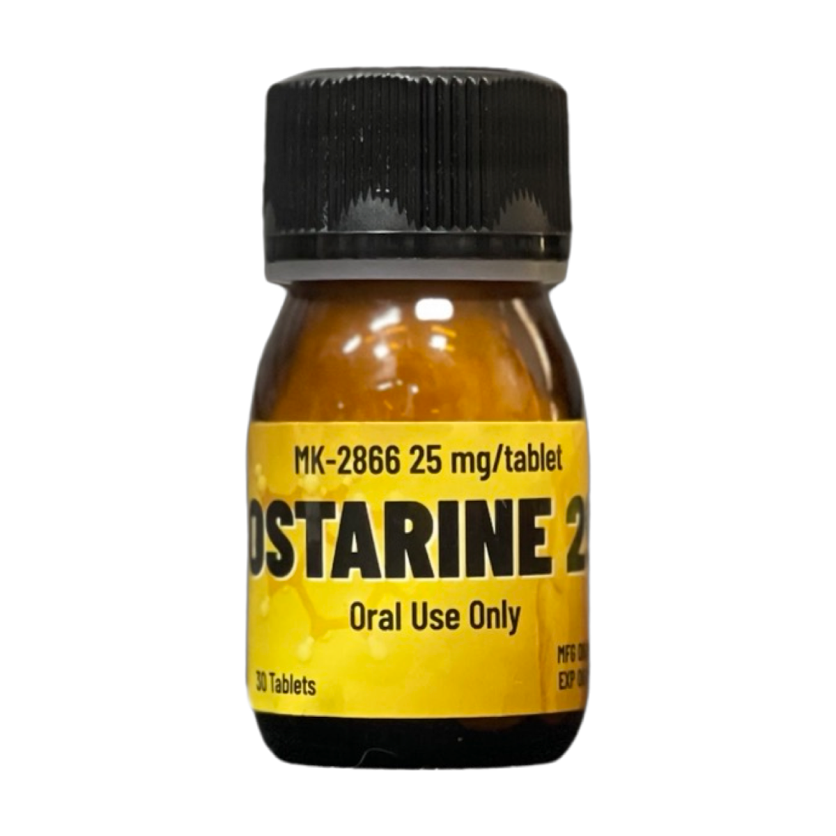 בקבוק כדורים צהוב-שחור של מרקחת MK-2866, למשתמש דרך הפה בלבד.