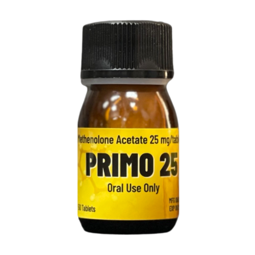 בקבוק תרופה עם תווית צהובה וכיתוב "פרימו 25" למשימוש פומי בלבד.