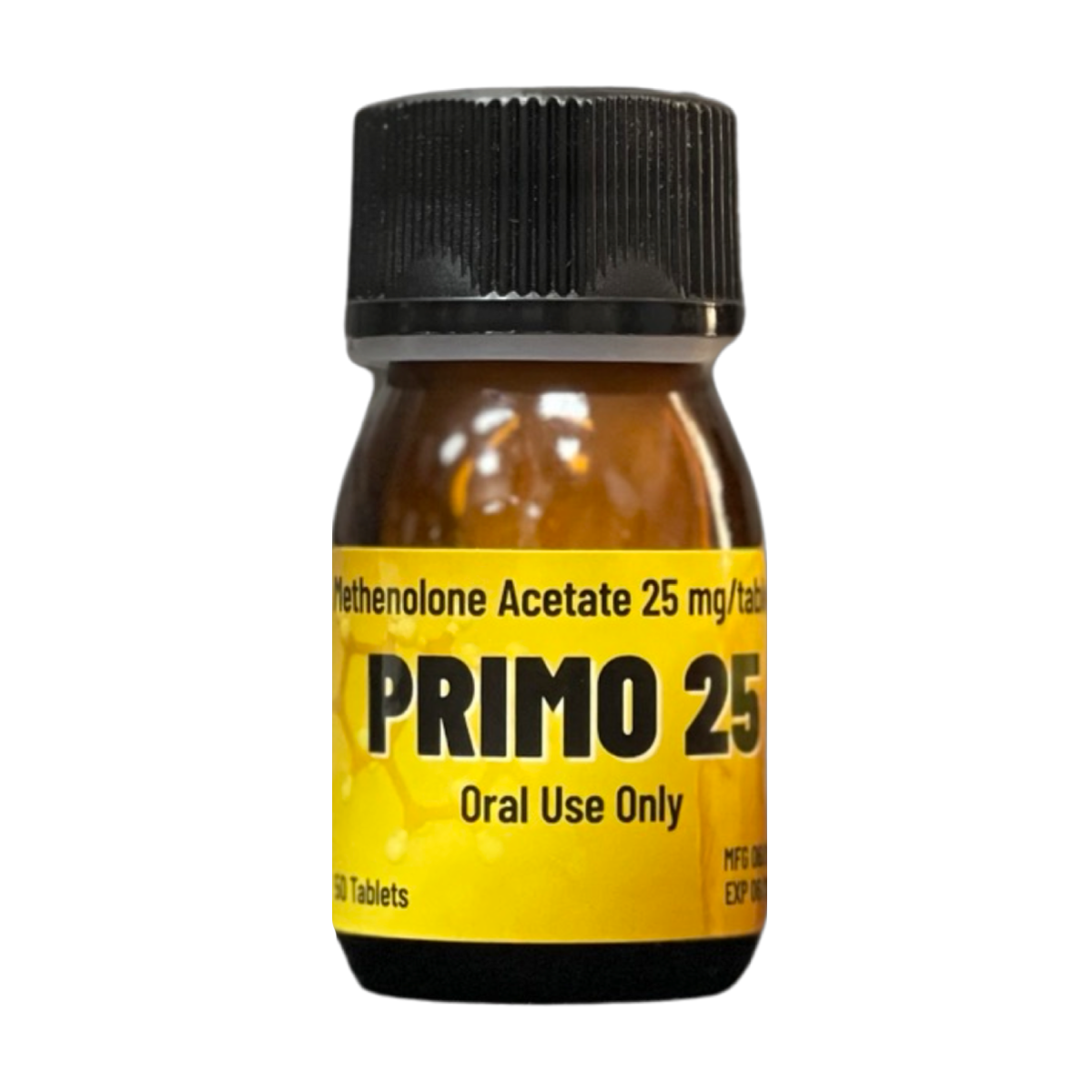 בקבוק תרופה עם תווית צהובה וכיתוב "פרימו 25" למשימוש פומי בלבד.