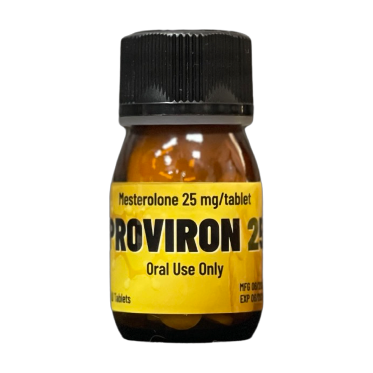 בקבוק כדורים צהוב ושחור עם הכיתוב פרוvironון 25, למתן דרך הפה בלבד