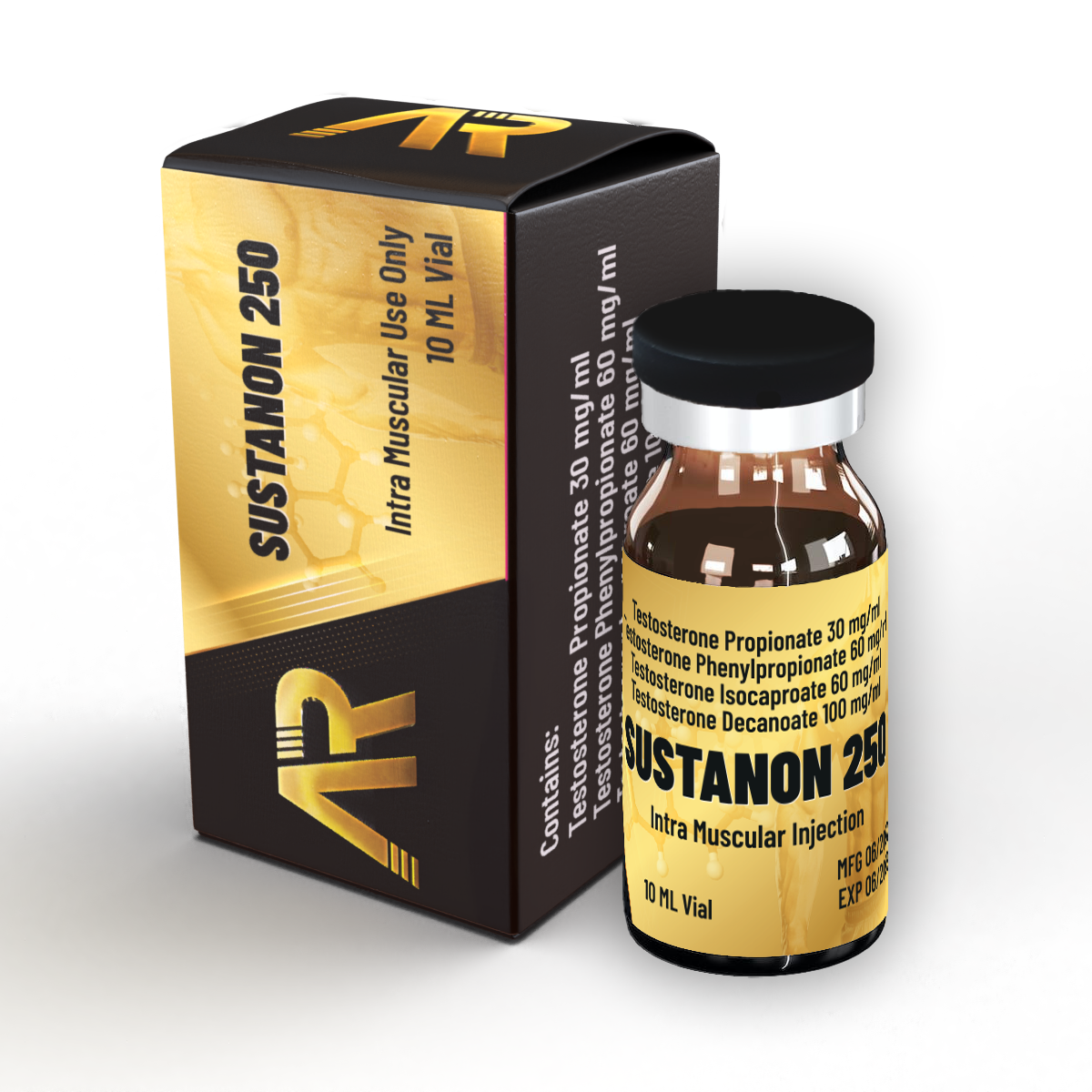 אריזה של בקבוק תרופה להזרקה שרירית עם מינונים שונים של טסטוסטרון