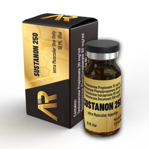 אריזת תרופה להזרקה שרירית, בצבעי שחור וצהוב, עם בקבוקון זכוכית.