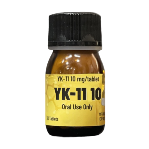 בקבוק כדורים צהוב ושחור של YK-11, למינון של 10 מ"ג לטבליה.