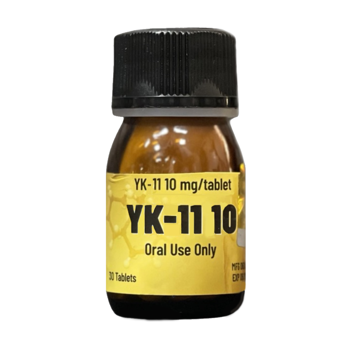 בקבוק כדורים צהוב ושחור של YK-11, למינון של 10 מ"ג לטבליה.