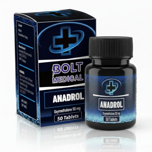 אריזת תרופה רפואית שחורה וכחולה של Bolt Medical - Anadrol, 50 טבליות.