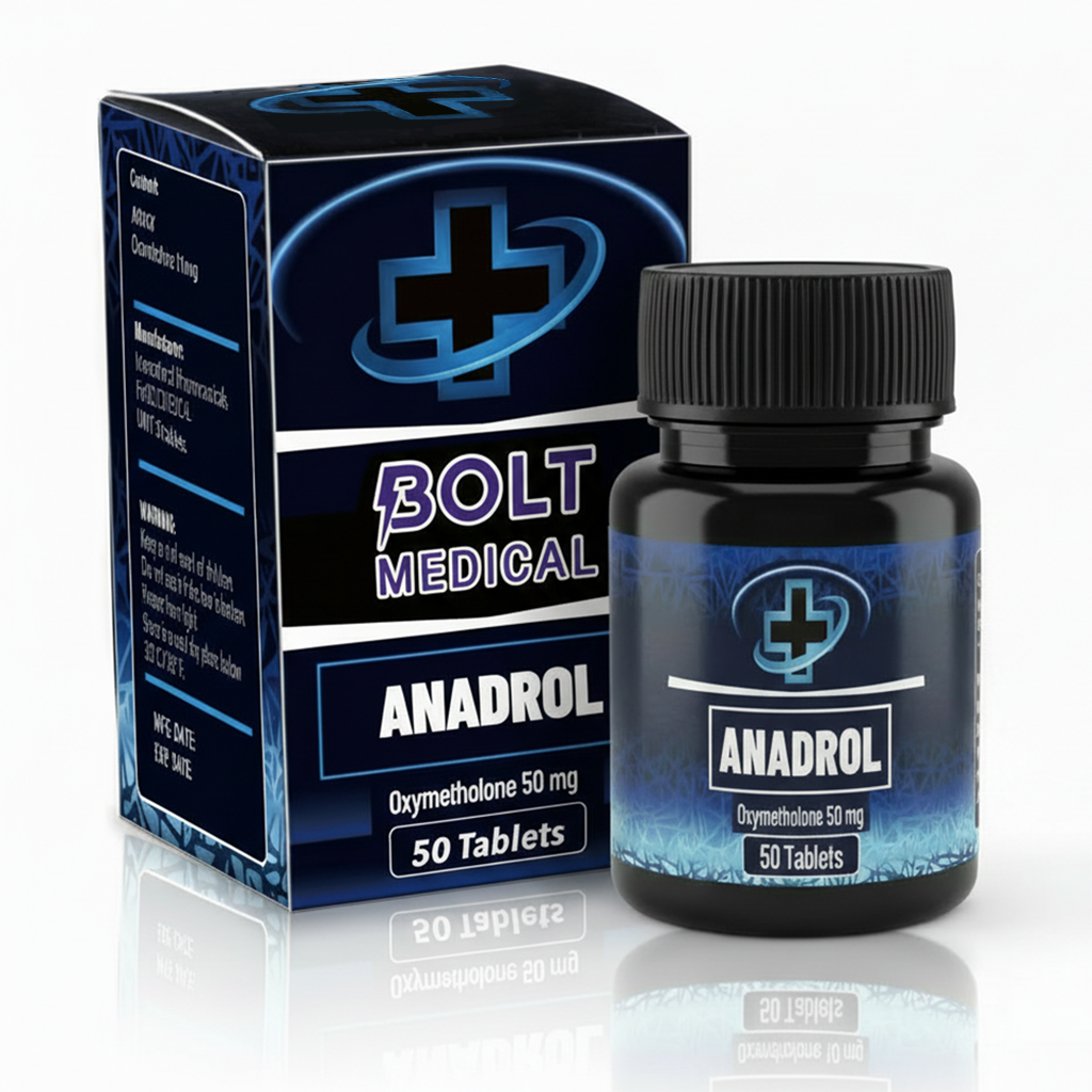 אריזת תרופה רפואית שחורה וכחולה של Bolt Medical - Anadrol, 50 טבליות.