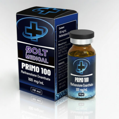 אריזת תרופה רפואית "בולט מדיקל" של פרימו 100, בקבוק וקופסה כחולים ושחורים.