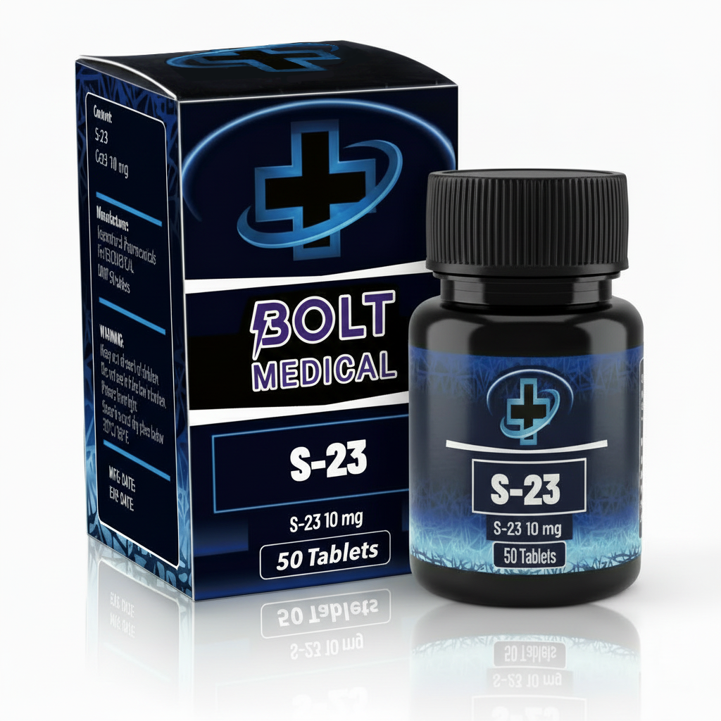 אריזת תרופות שחורה וכחולה של S-23 ממותג Bolt Medical