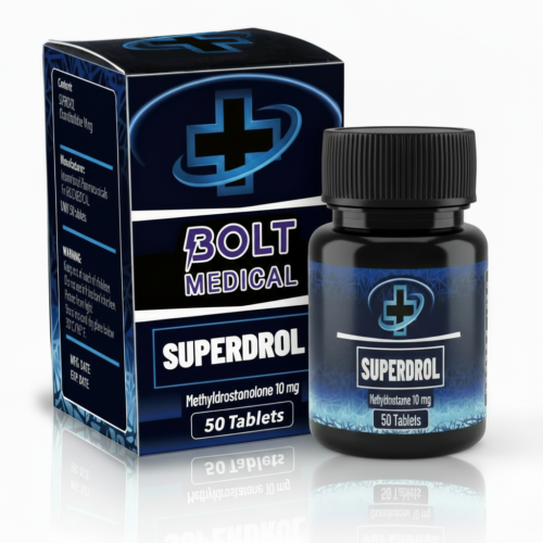 אריזת תרופה שחורה וכחולה של Bolt Medical - Superdrol, 50 טבליות